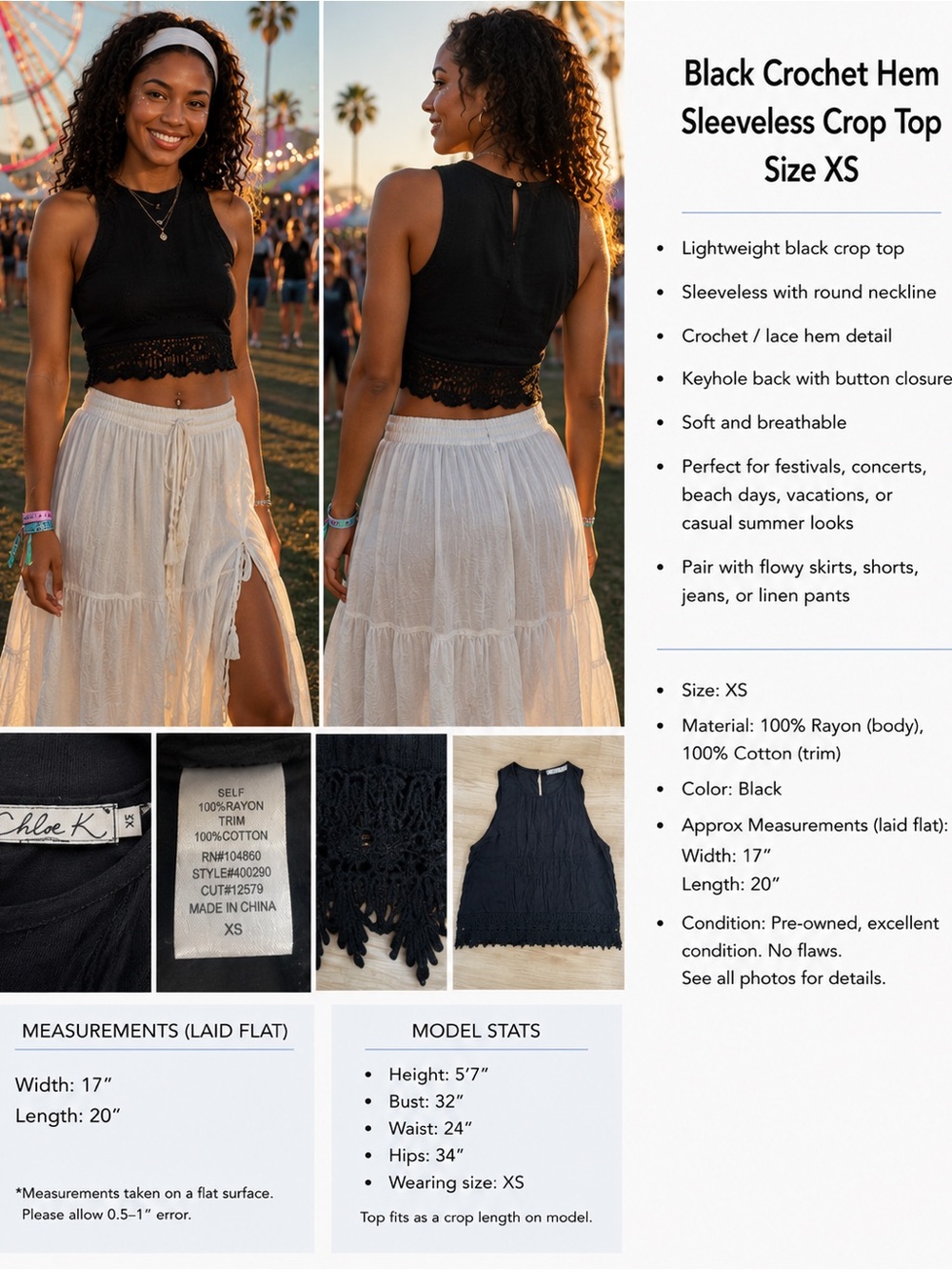 Chloe K Black Crochet-Hem Sleeveless Crop Top